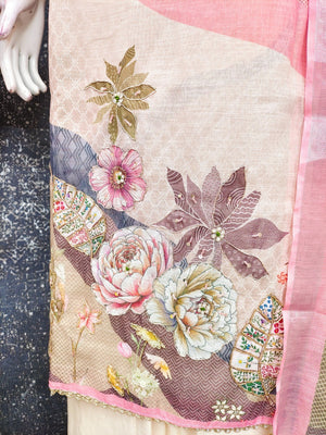Elegant Floral Printed Peach Linen Dress Material Set - Image 2