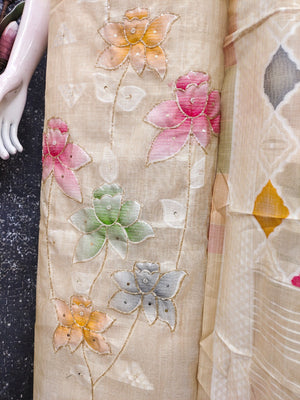Cream Floral Brasso Dress Material with Matching Dupatta - Image 2