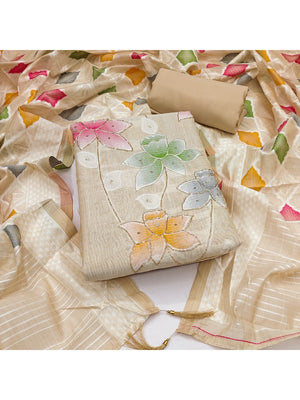 Cream Floral Brasso Dress Material with Matching Dupatta - Image 1