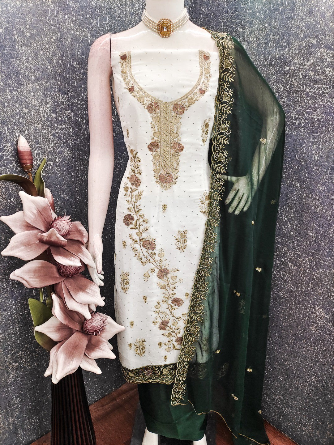 Beautiful White & Green Floral Embroidery With Sparkling Diamond Work Georgette Dress Material - Image 5
