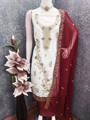 Beautiful White & Maroon Floral Embroidery With Sparkling Diamond Work Georgette Dress Material - Image 2