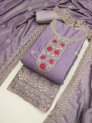 Charming Lavender Floral Embroidery With Sparkling Diamond Work Vichitra Silk Dress Material - Image 1