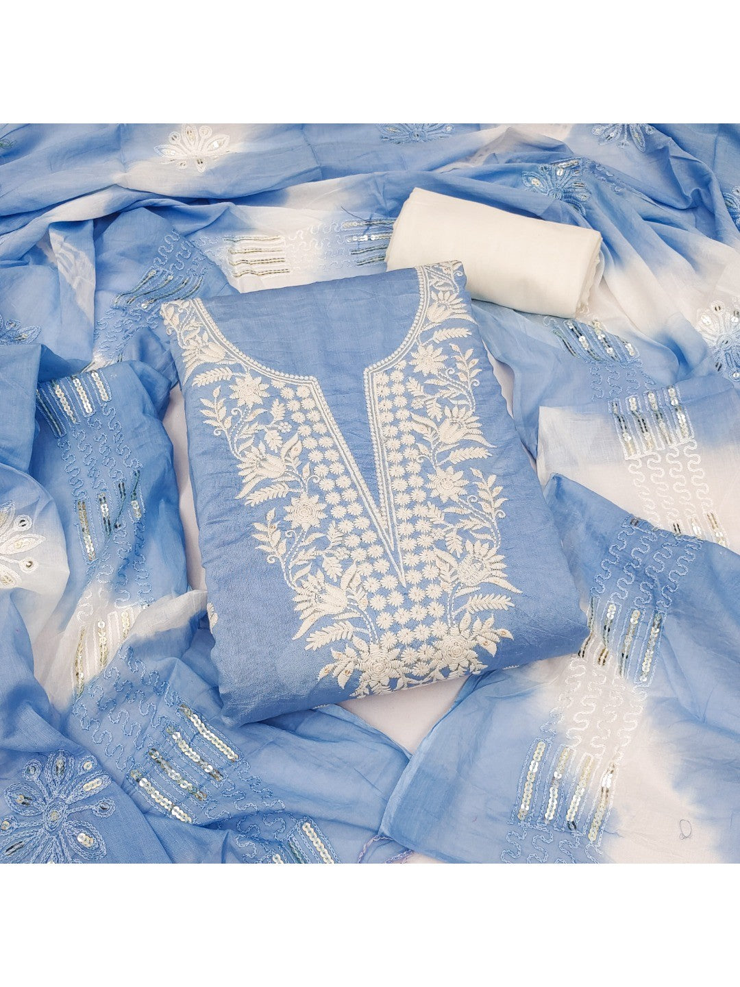 Elegant Blue Chanderi Cotton Chikankari Dress Material With Dupatta - Image 1