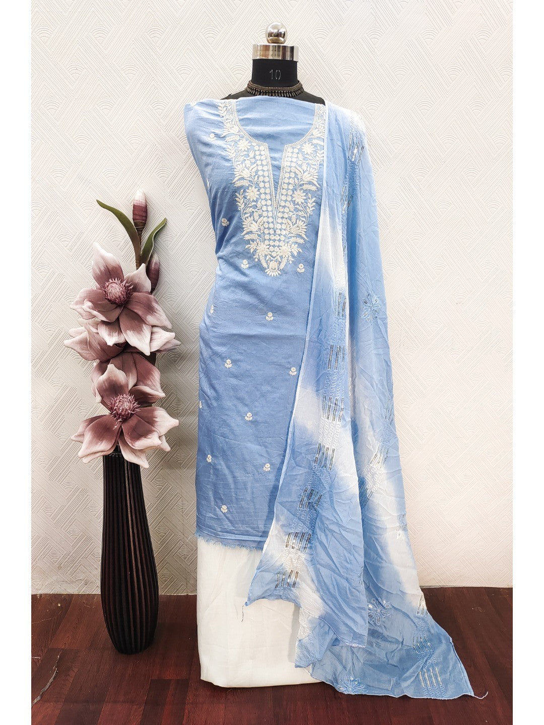 Elegant Blue Chanderi Cotton Chikankari Dress Material With Dupatta - Image 3