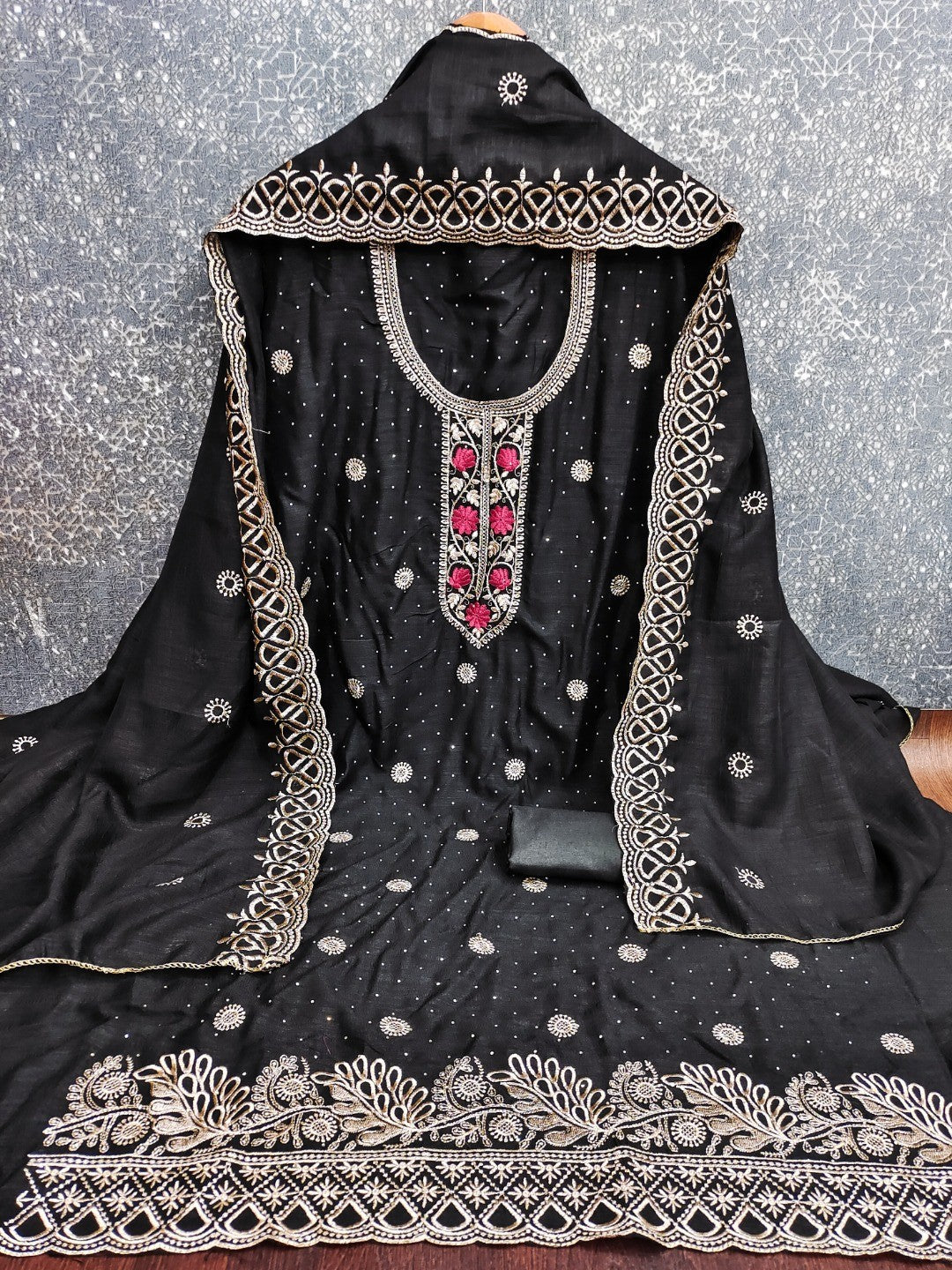 Charming Black Floral Embroidery With Sparkling Diamond Work Vichitra Silk Dress Material - Image 5