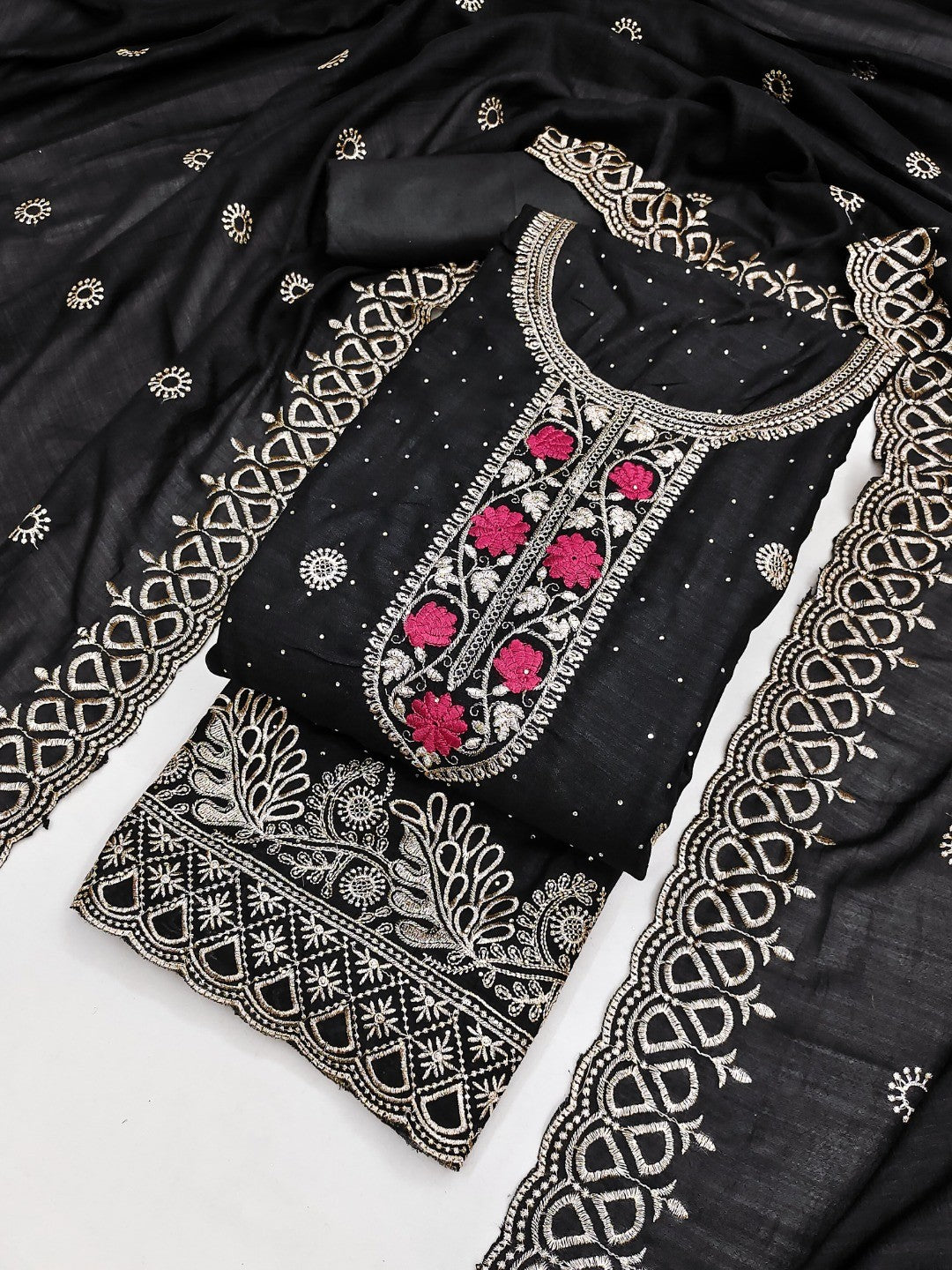 Charming Black Floral Embroidery With Sparkling Diamond Work Vichitra Silk Dress Material - Image 4