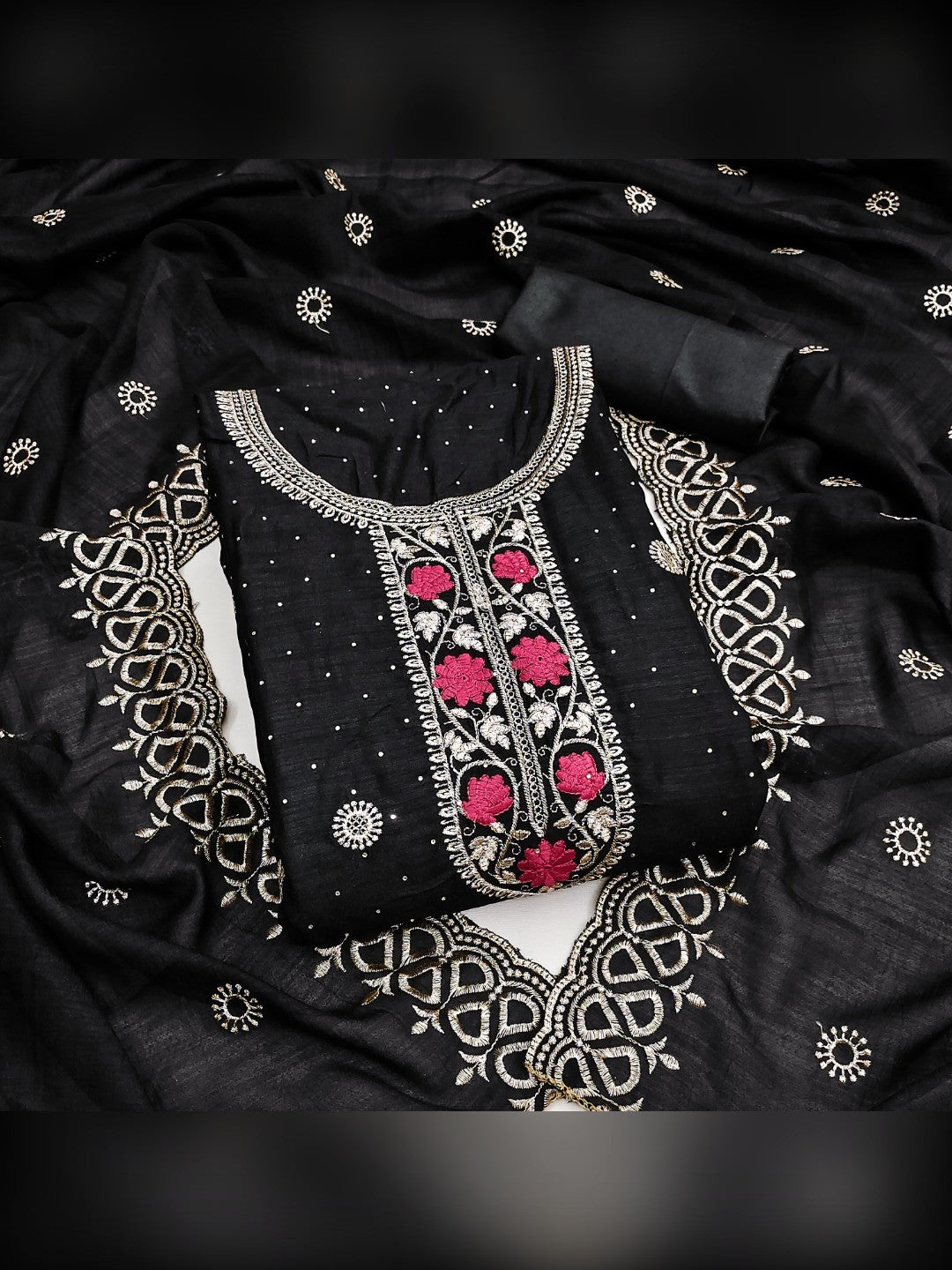 Charming Black Floral Embroidery With Sparkling Diamond Work Vichitra Silk Dress Material - Image 2