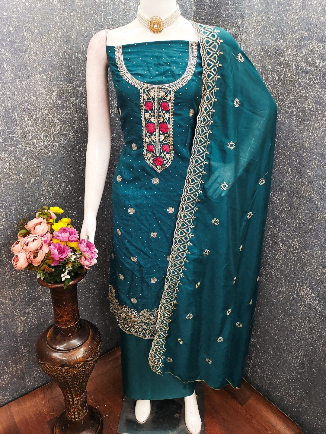 Charming Teal Floral Embroidery With Sparkling Diamond Work Vichitra Silk Dress Material - Image 3