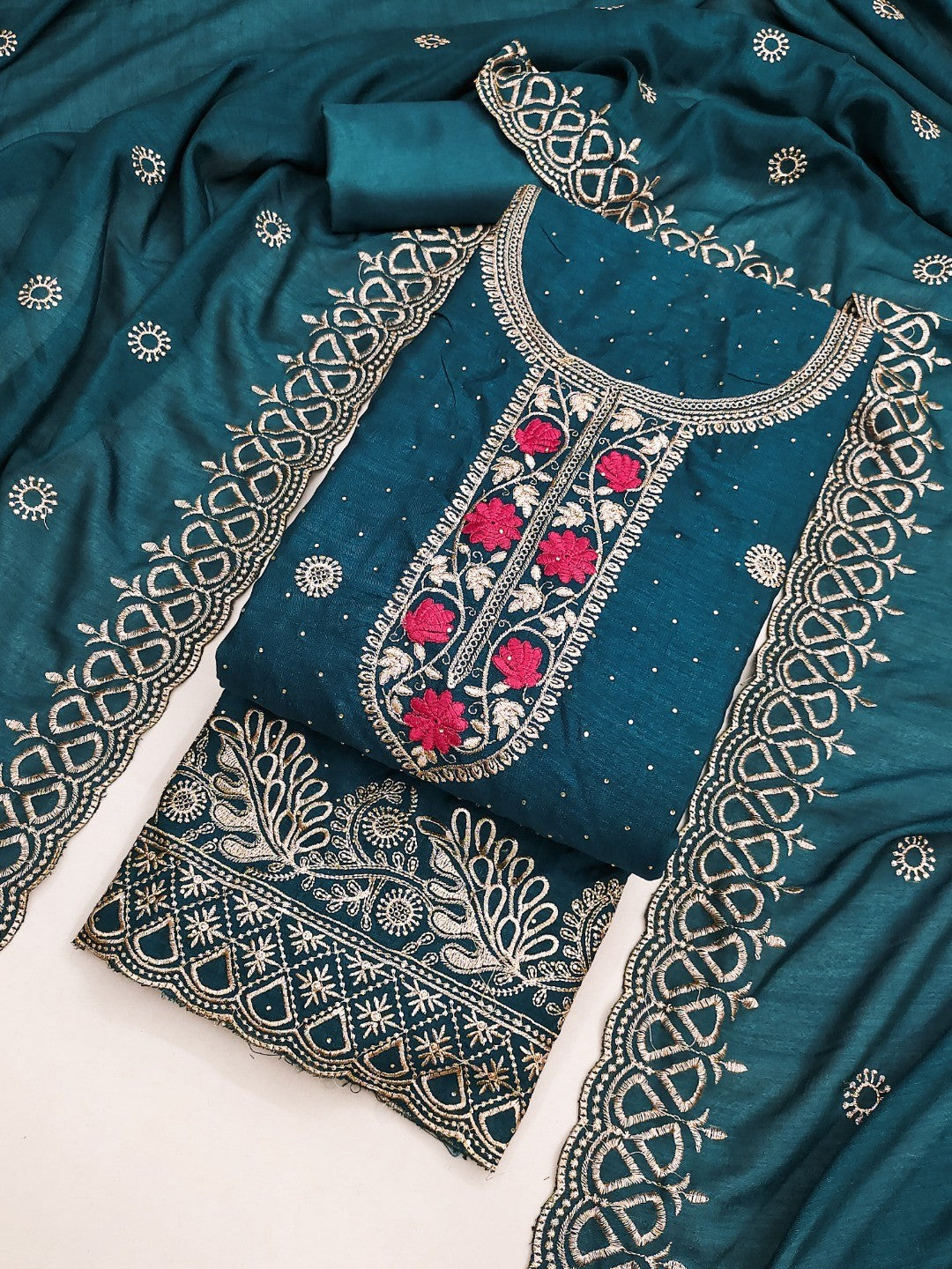 Charming Teal Floral Embroidery With Sparkling Diamond Work Vichitra Silk Dress Material - Image 2