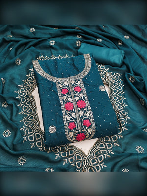 Charming Teal Floral Embroidery With Sparkling Diamond Work Vichitra Silk Dress Material - Image 1