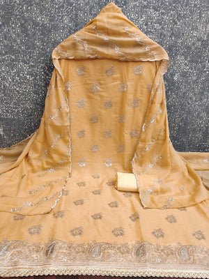 Stunning Chikoo Floral Embroidery With Diamond Work Georgette Dress Material - Image 2