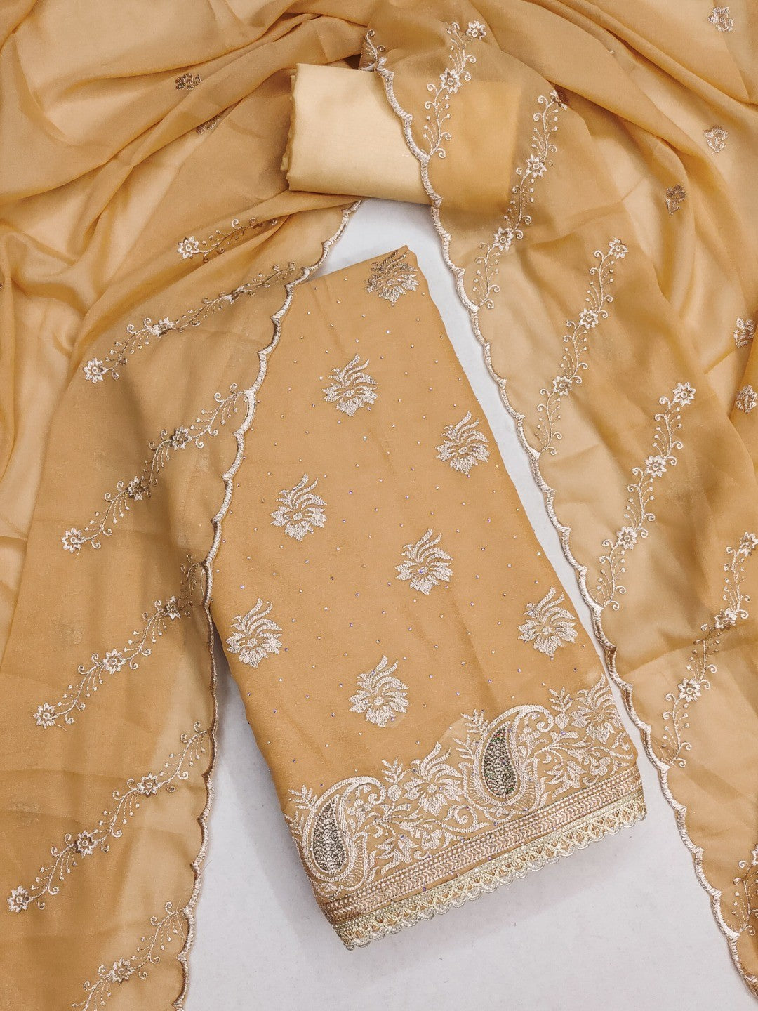 Stunning Chikoo Floral Embroidery With Diamond Work Georgette Dress Material - Image 3