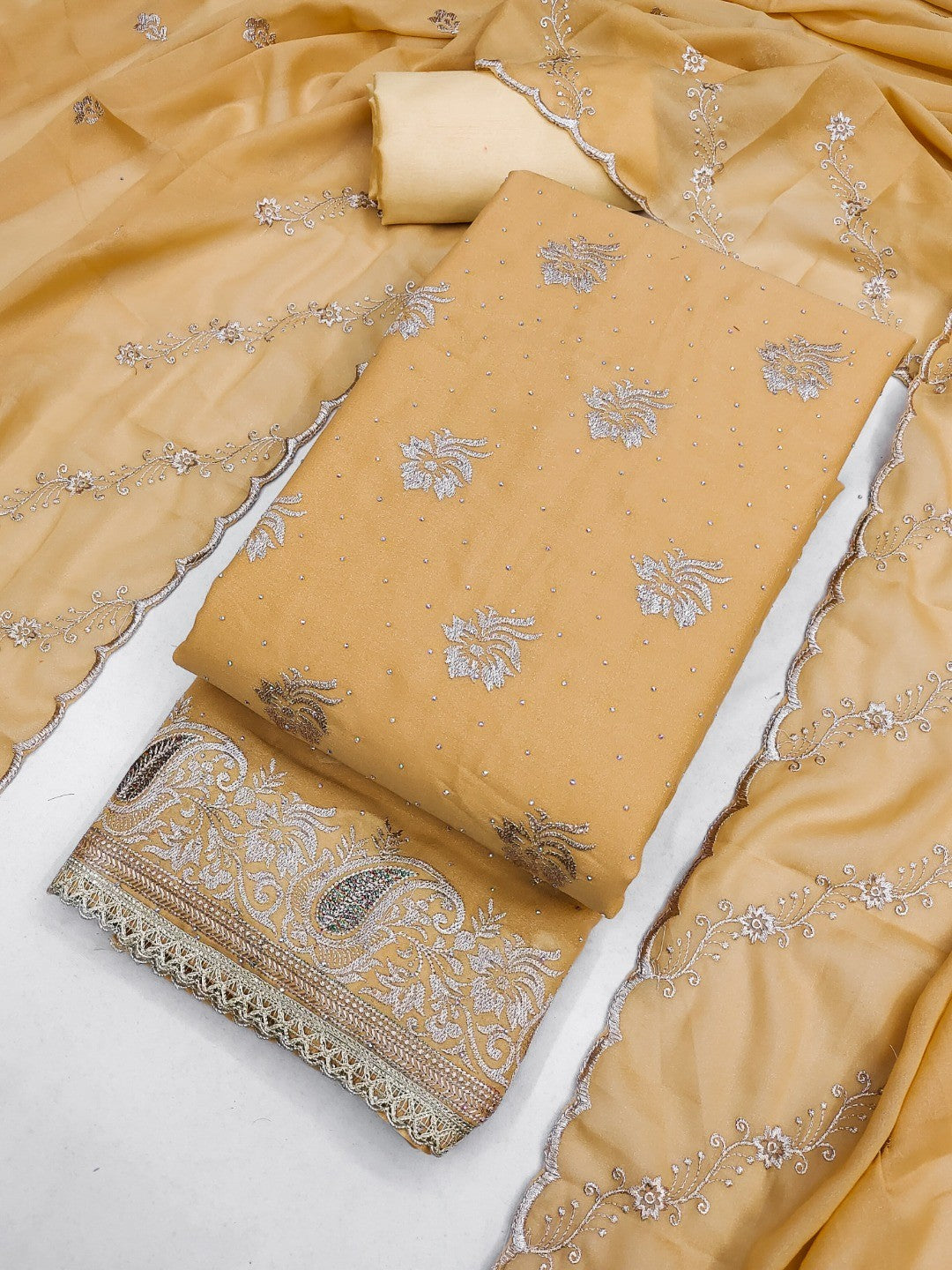 Stunning Chikoo Floral Embroidery With Diamond Work Georgette Dress Material - Image 5