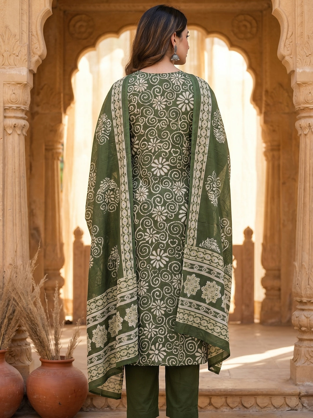 Green Pure Cotton Printed Straight Cut Salwar Suit Set for Women - Image 2