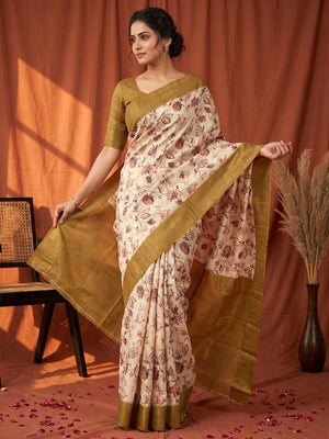 Elegant Cream & Golden Olive Floral Digital Printed Cotton Silk Saree With Rich Weaving Border Work - Image 1