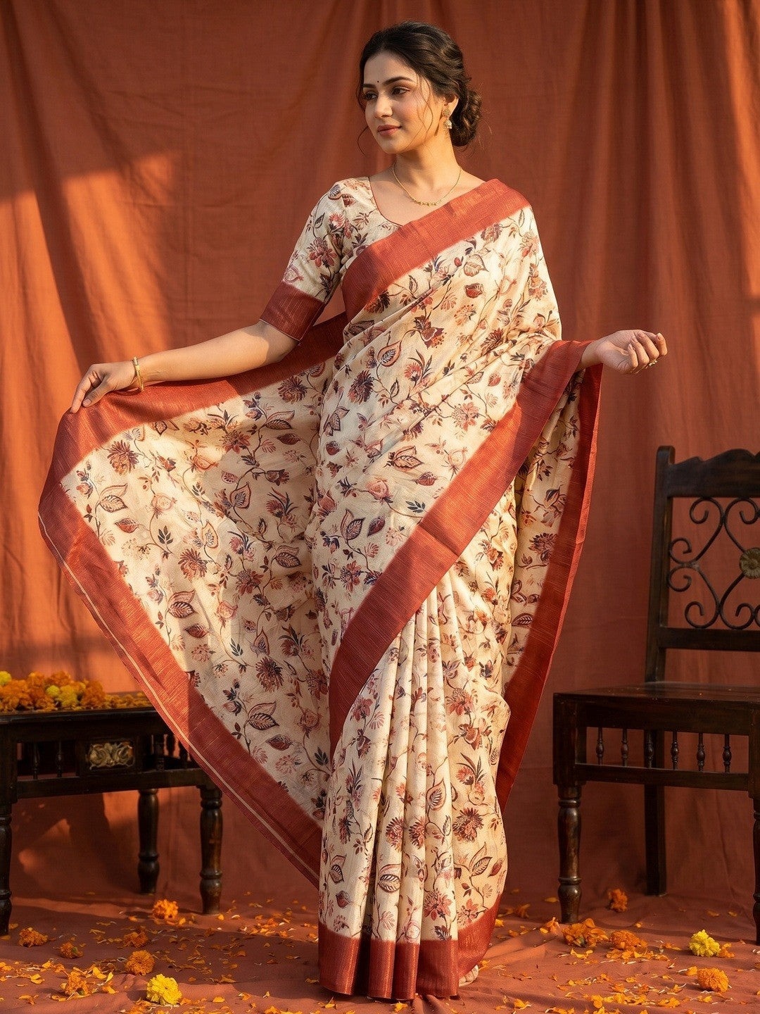 Elegant Cream & Dark Rust Floral Digital Printed Cotton Silk Saree With Rich Weaving Border Work - Image 1
