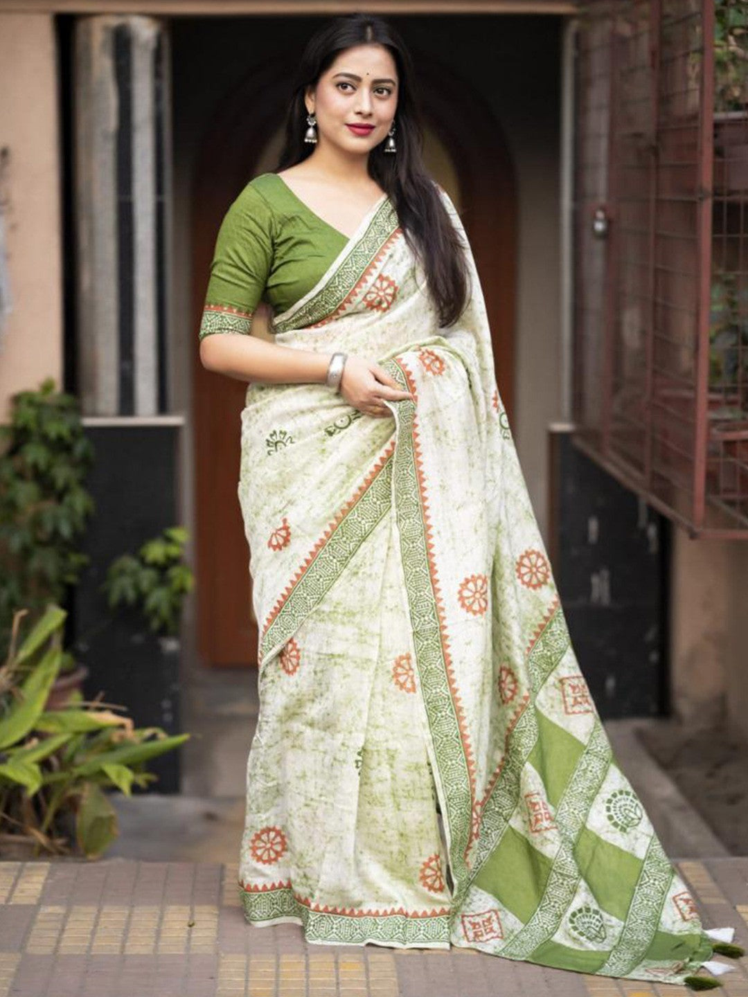 Green Linen Saree with Hand Block Printed Geometric Patterns - Image 1