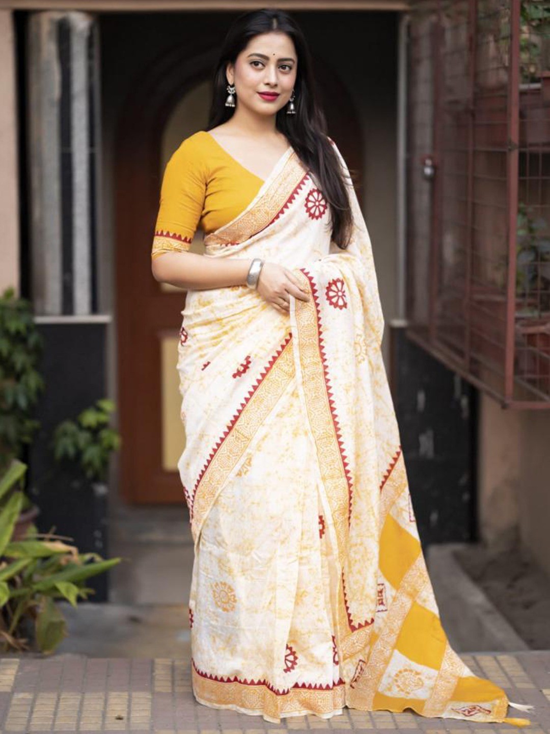 Mustard Linen Saree with Hand Block Printed Geometric Patterns - Image 1
