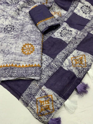 Lavender Linen Saree with Hand Block Printed Geometric Patterns - Image 2
