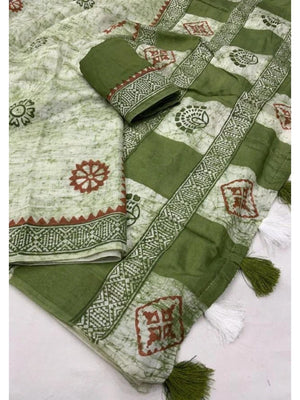 Green Linen Saree with Hand Block Printed Geometric Patterns - Image 2