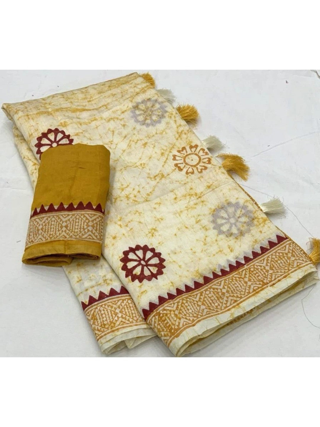 Mustard Linen Saree with Hand Block Printed Geometric Patterns - Image 4