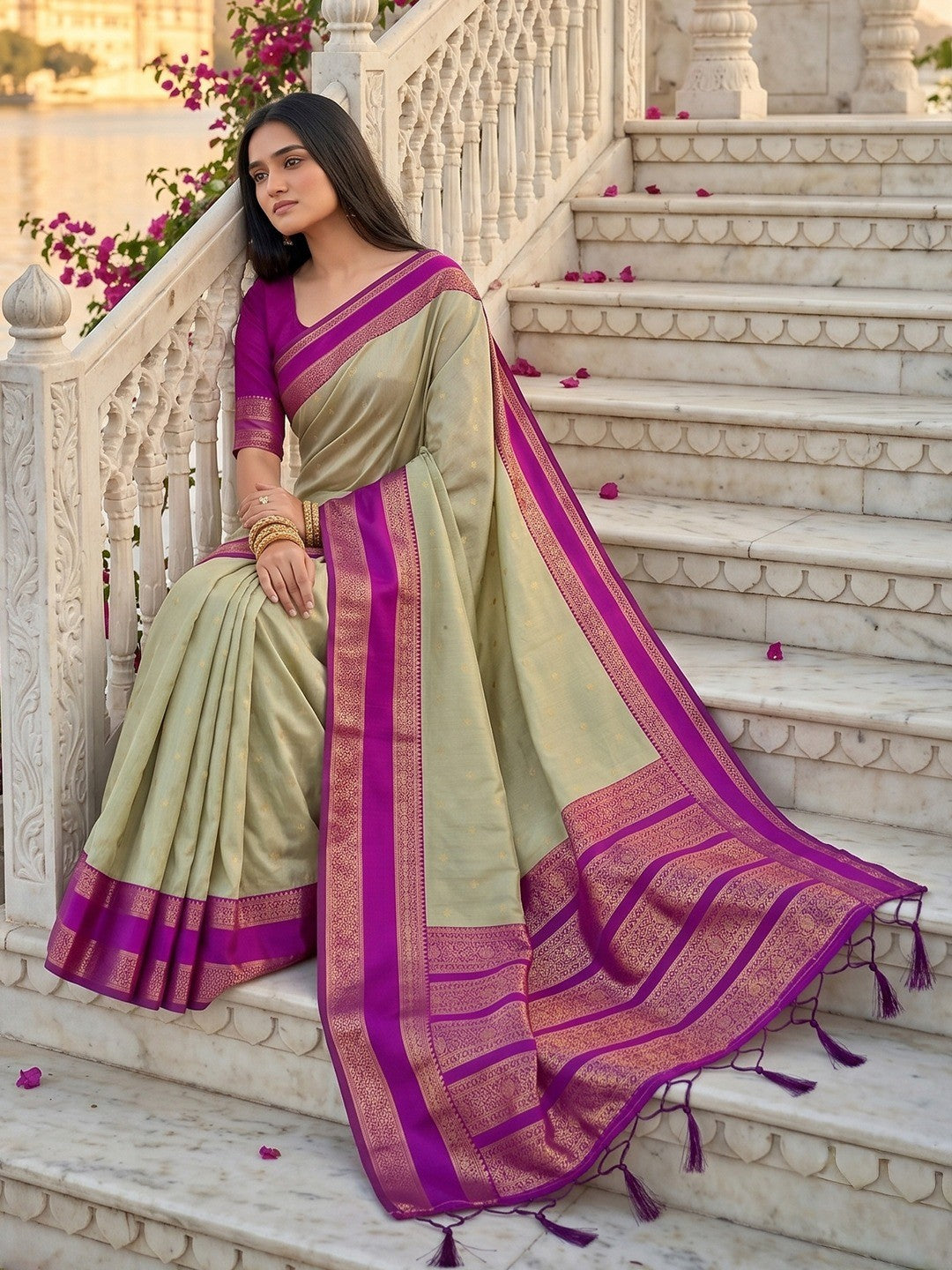 Sophisticated Chikoo Cotton Silk Saree with Ornamental Zari Border - Image 4