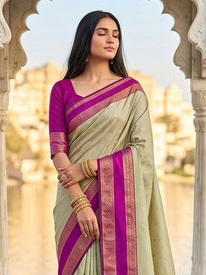 Sophisticated Chikoo Cotton Silk Saree with Ornamental Zari Border - Image 2