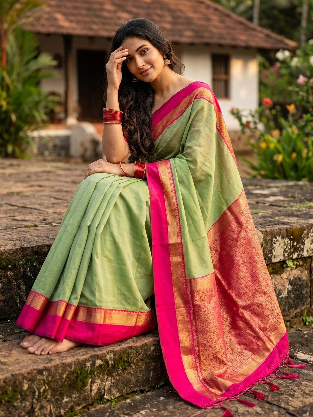 Sophisticated Green Cotton Silk Saree with Ornamental Border Work - Image 3