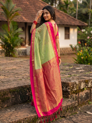 Sophisticated Green Cotton Silk Saree with Ornamental Border Work - Image 2