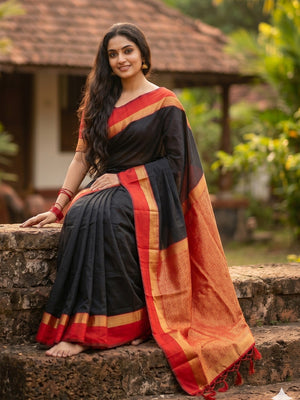 Elegant Black Cotton Silk Saree with Rich Traditional Zari Border - Image 2