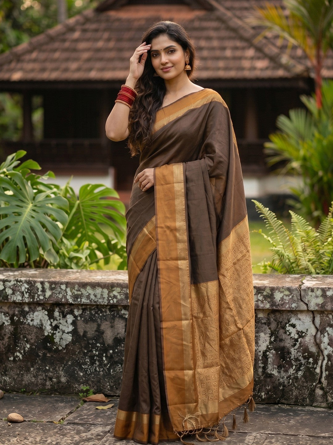 Elegant Solid Brown Cotton Silk Saree with Woven Zari Border - Image 1