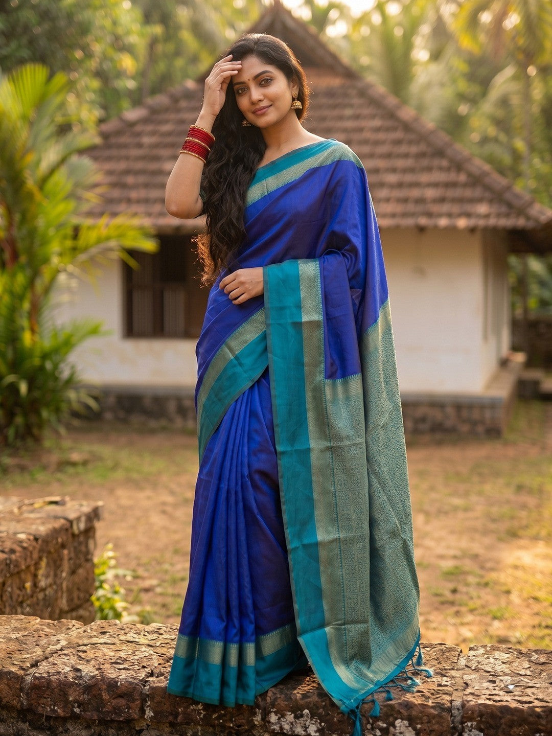Sophisticated Navy Cotton Silk Saree with Intricate Border Weaving - Image 1