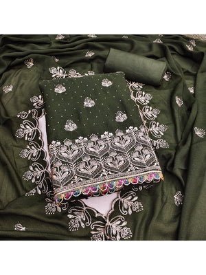 Luxury Mehendi Green Floral Embroidery With Sparkling Diamond Work Georgette Dress Material - Image 1