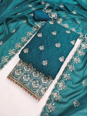Luxury Teal Floral Embroidery With Sparkling Diamond Work Georgette Dress Material - Image 1