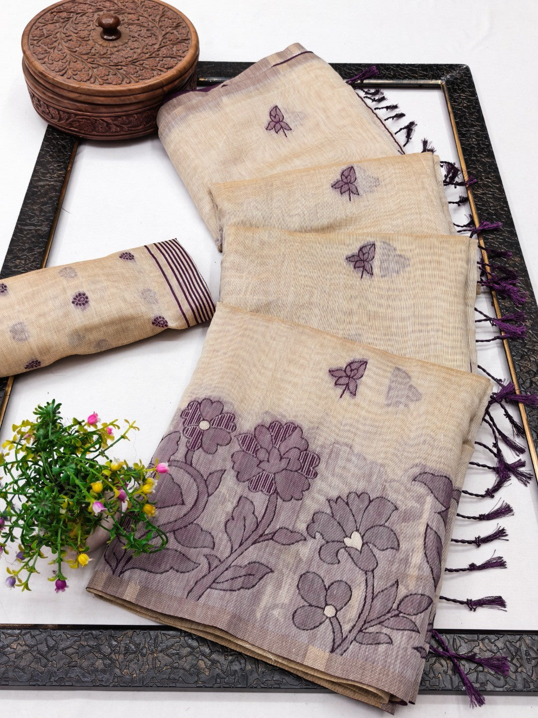 Elegant Beige Pure Cotton Saree with Purple Floral Thread Work - Image 2
