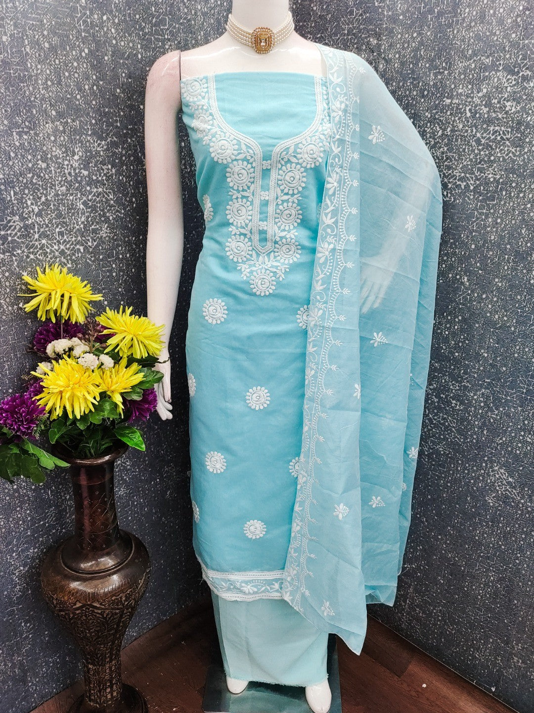 Charming Blue Floral Thread Embroidered Work Chanderi Cotton Dress Material - Image 4