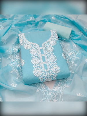 Charming Blue Floral Thread Embroidered Work Chanderi Cotton Dress Material - Image 1