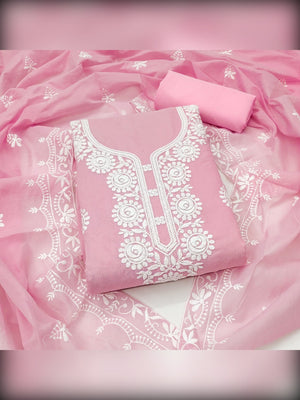 Charming Pink Floral Thread Embroidered Work Chanderi Cotton Dress Material - Image 1