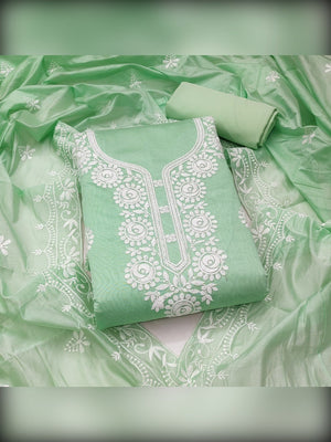 Charming Green Floral Thread Embroidered Work Chanderi Cotton Dress Material - Image 1
