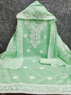 Charming Green Floral Thread Embroidered Work Chanderi Cotton Dress Material - Image 2