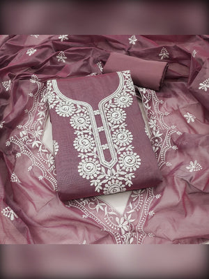 Charming Mauve Floral Thread Embroidered Work Chanderi Cotton Dress Material - Image 1