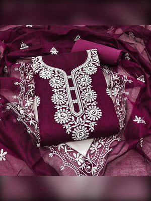 Charming Wine Floral Thread Embroidered Work Chanderi Cotton Dress Material - Image 1