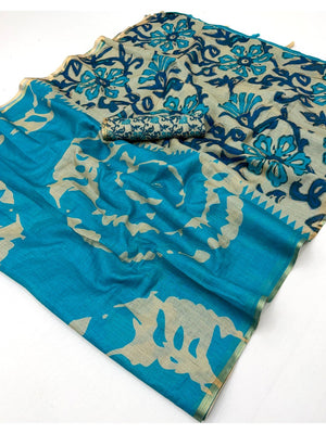 Elegant Sky Blue Abstract Print Linen Saree with Floral Blouse - Image 2