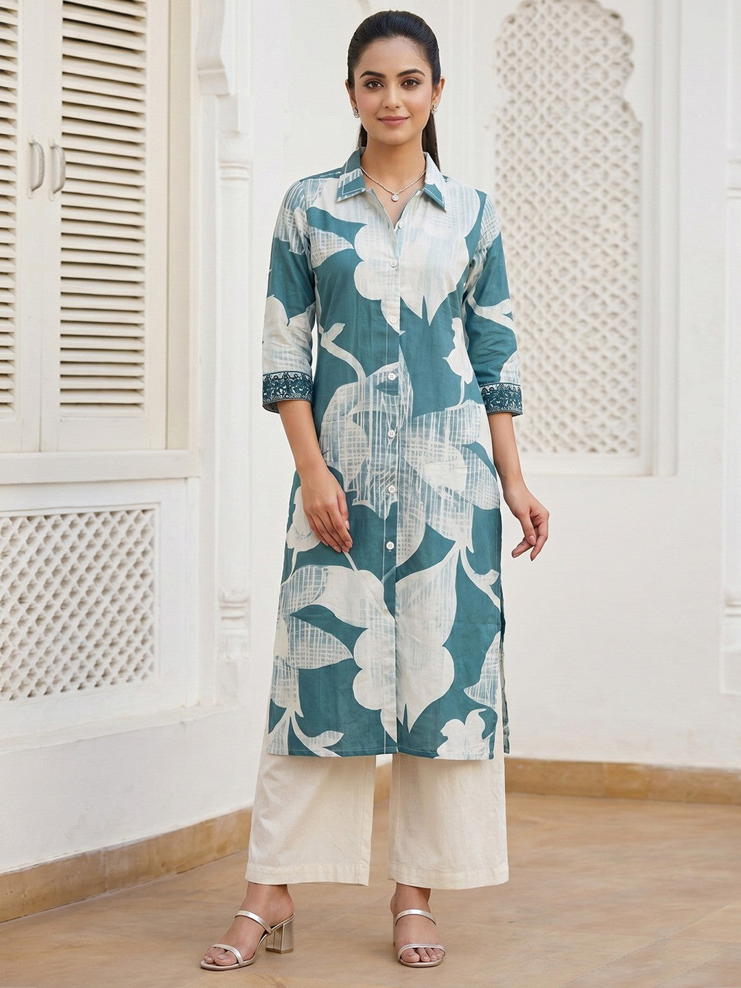 Elegant Blue Floral Printed Pure Cotton Top and Palazzo Set - Image 1