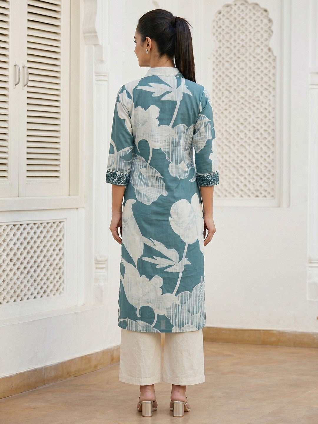 Elegant Blue Floral Printed Pure Cotton Top and Palazzo Set - Image 3
