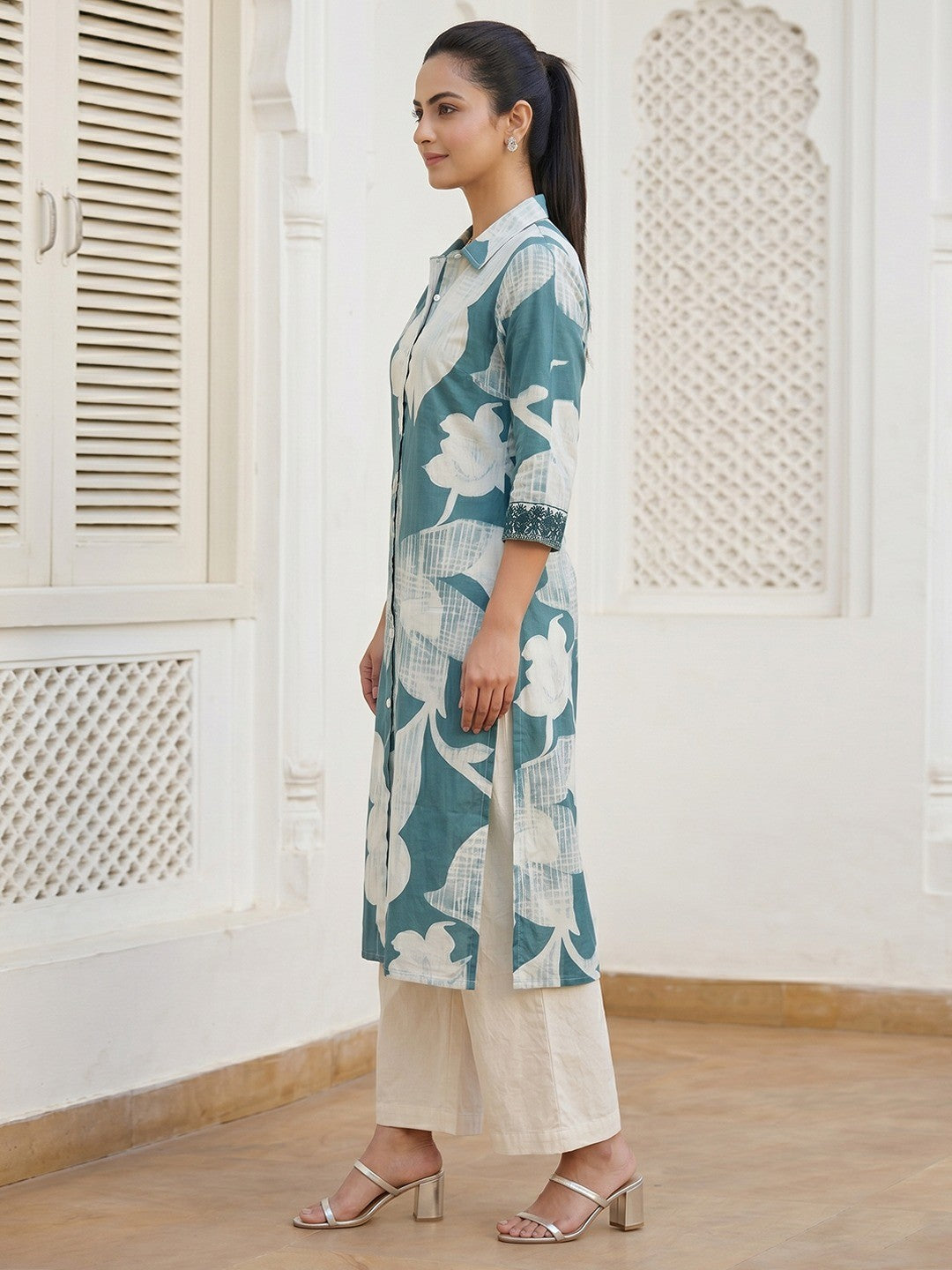 Elegant Blue Floral Printed Pure Cotton Top and Palazzo Set - Image 2