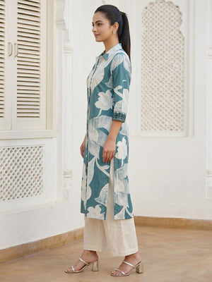Elegant Blue Floral Printed Pure Cotton Top and Palazzo Set - Image 2