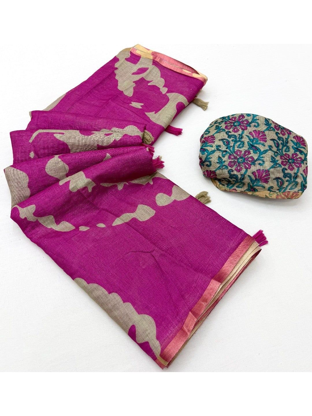 Elegant Magenta Abstract Print Linen Saree with Floral Blouse - Image 3