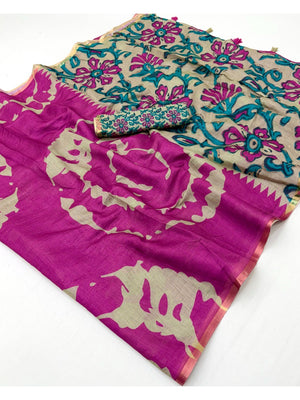 Elegant Magenta Abstract Print Linen Saree with Floral Blouse - Image 2