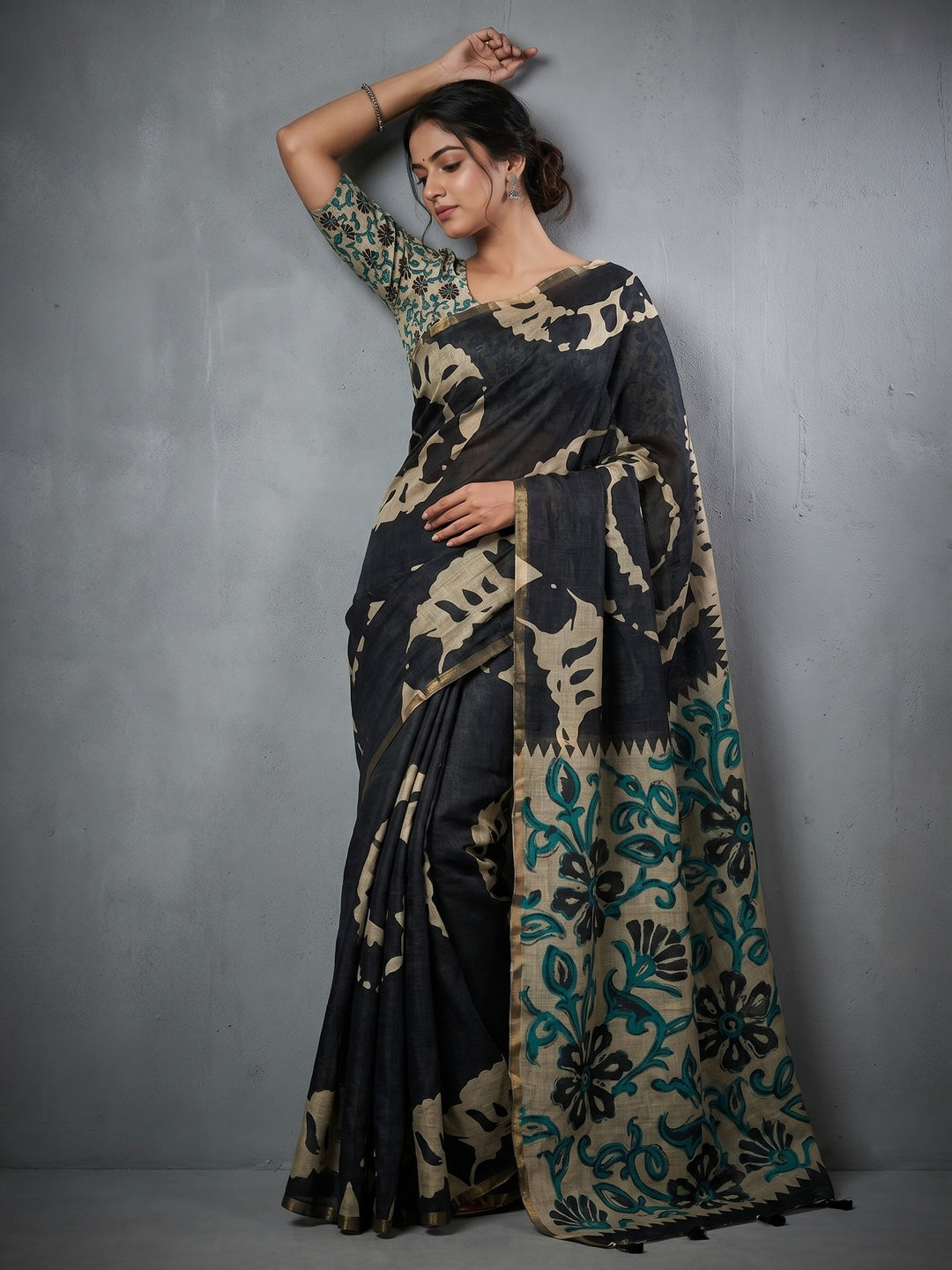 Elegant Black Abstract Print Linen Saree with Floral Blouse - Image 1
